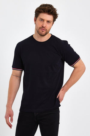 Erkek Siyah Basic Kolları Şeritli %100 Pamuk Bisiklet Yaka Regular Fit T-shirt - MMETALIC