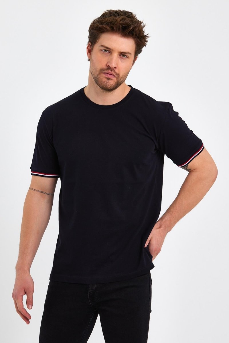 Erkek Siyah Basic Kolları Şeritli %100 Pamuk Bisiklet Yaka Regular Fit T-shirt - MMETALIC