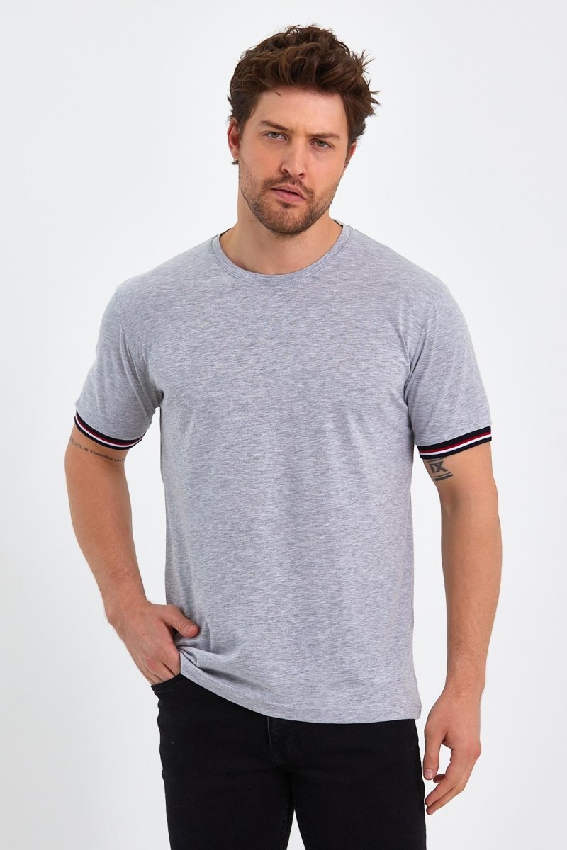 Erkek Siyah Basic Kolları Şeritli %100 Pamuk Bisiklet Yaka Regular Fit T-shirt - MMETALIC