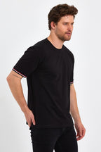 Erkek Siyah Basic Kolları Şeritli %100 Pamuk Bisiklet Yaka Regular Fit T-shirt - MMETALIC