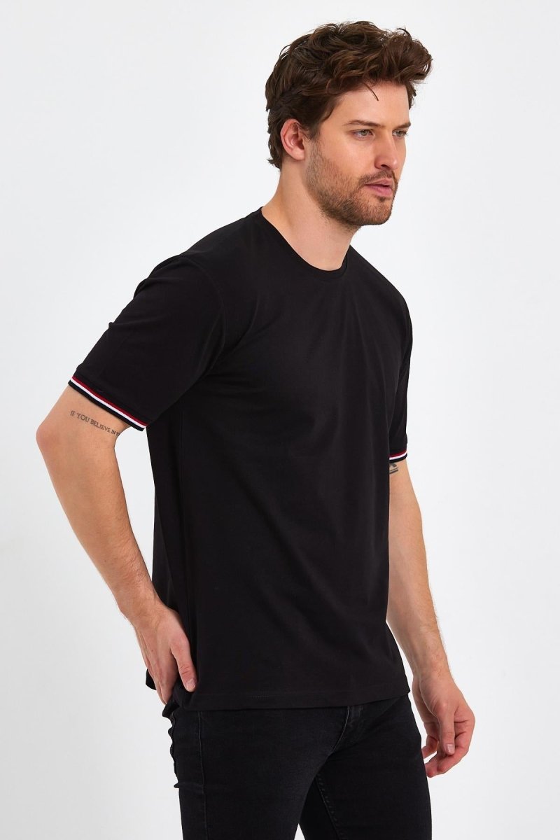 Erkek Siyah Basic Kolları Şeritli %100 Pamuk Bisiklet Yaka Regular Fit T-shirt - MMETALIC