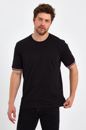 Erkek Siyah Basic Kolları Şeritli %100 Pamuk Bisiklet Yaka Regular Fit T-shirt - MMETALIC