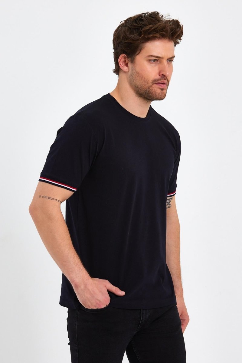 Erkek Siyah Basic Kolları Şeritli %100 Pamuk Bisiklet Yaka Regular Fit T-shirt - MMETALIC