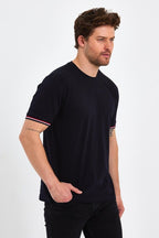 Erkek Siyah Basic Kolları Şeritli %100 Pamuk Bisiklet Yaka Regular Fit T-shirt - MMETALIC