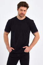 Erkek Siyah Basic Kolları Şeritli %100 Pamuk Bisiklet Yaka Regular Fit T-shirt - MMETALIC