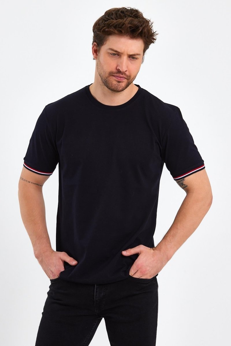 Erkek Siyah Basic Kolları Şeritli %100 Pamuk Bisiklet Yaka Regular Fit T-shirt - MMETALIC