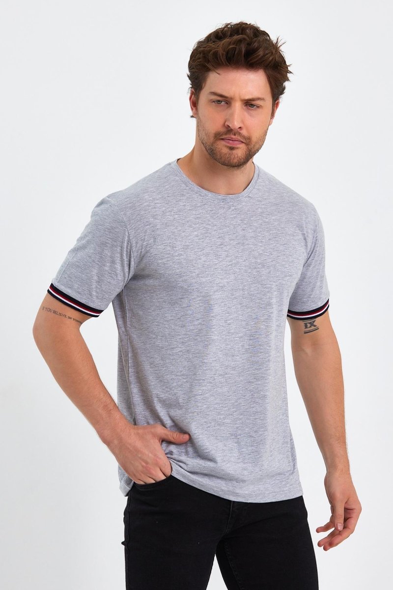 Erkek Siyah Basic Kolları Şeritli %100 Pamuk Bisiklet Yaka Regular Fit T-shirt - MMETALIC