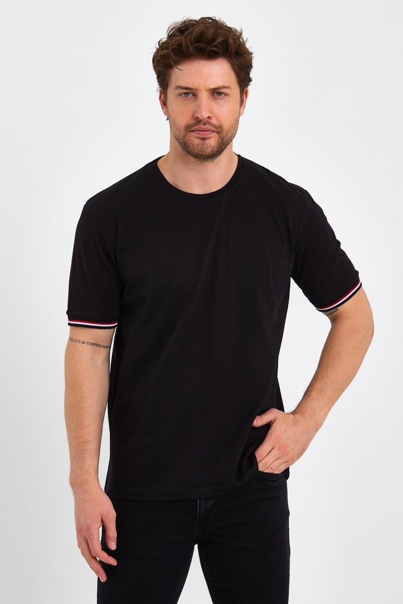 Erkek Siyah Basic Kolları Şeritli %100 Pamuk Bisiklet Yaka Regular Fit T-shirt - MMETALIC
