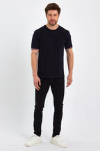 Erkek Siyah Basic Kolları Şeritli %100 Pamuk Bisiklet Yaka Regular Fit T-shirt - MMETALIC