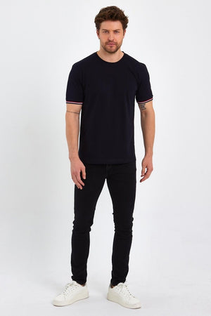 Erkek Siyah Basic Kolları Şeritli %100 Pamuk Bisiklet Yaka Regular Fit T-shirt - MMETALIC