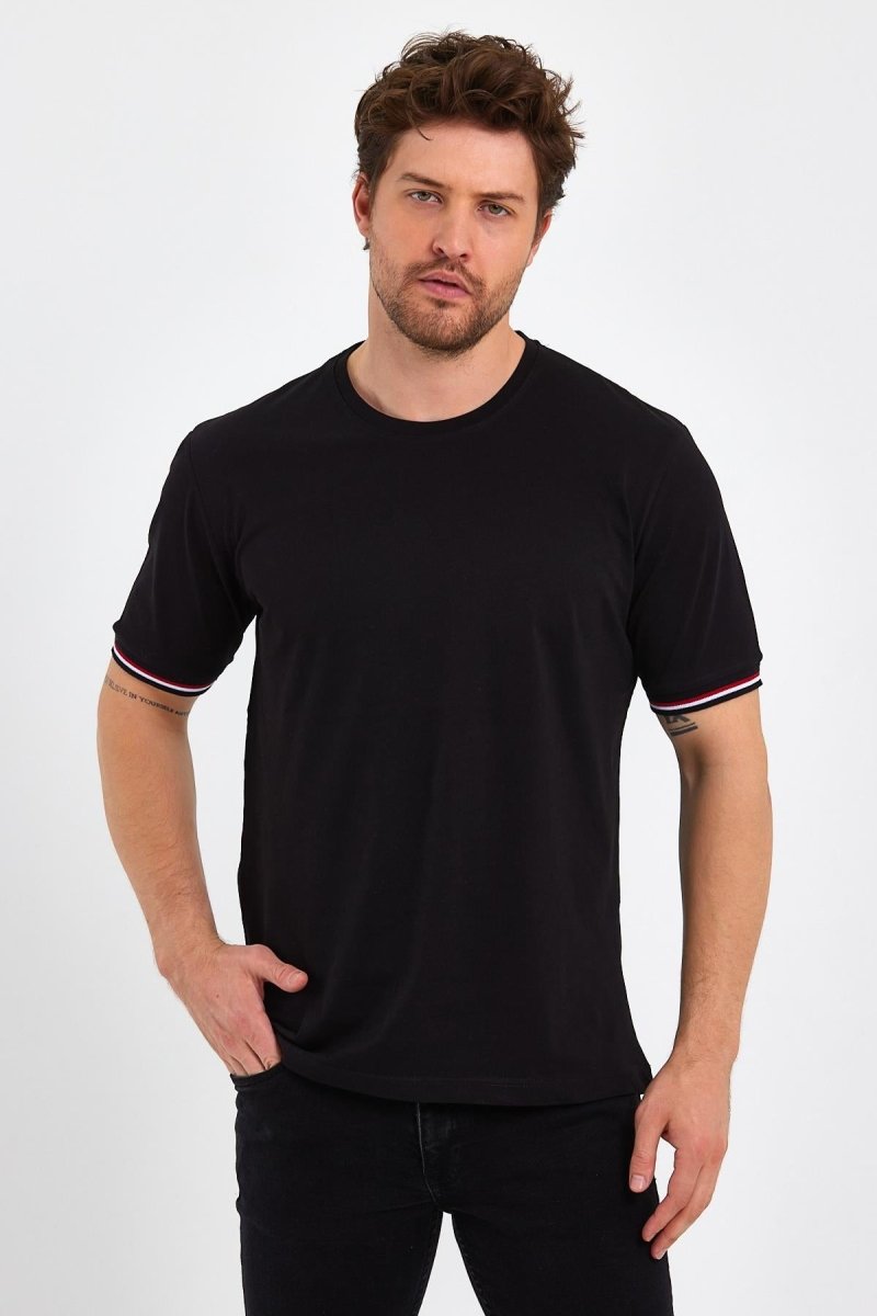 Erkek Siyah Basic Kolları Şeritli %100 Pamuk Bisiklet Yaka Regular Fit T-shirt - MMETALIC