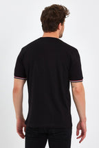 Erkek Siyah Basic Kolları Şeritli %100 Pamuk Bisiklet Yaka Regular Fit T-shirt - MMETALIC