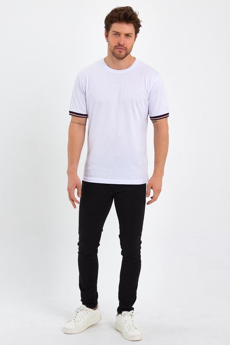 Erkek Siyah Basic Kolları Şeritli %100 Pamuk Bisiklet Yaka Regular Fit T-shirt - MMETALIC