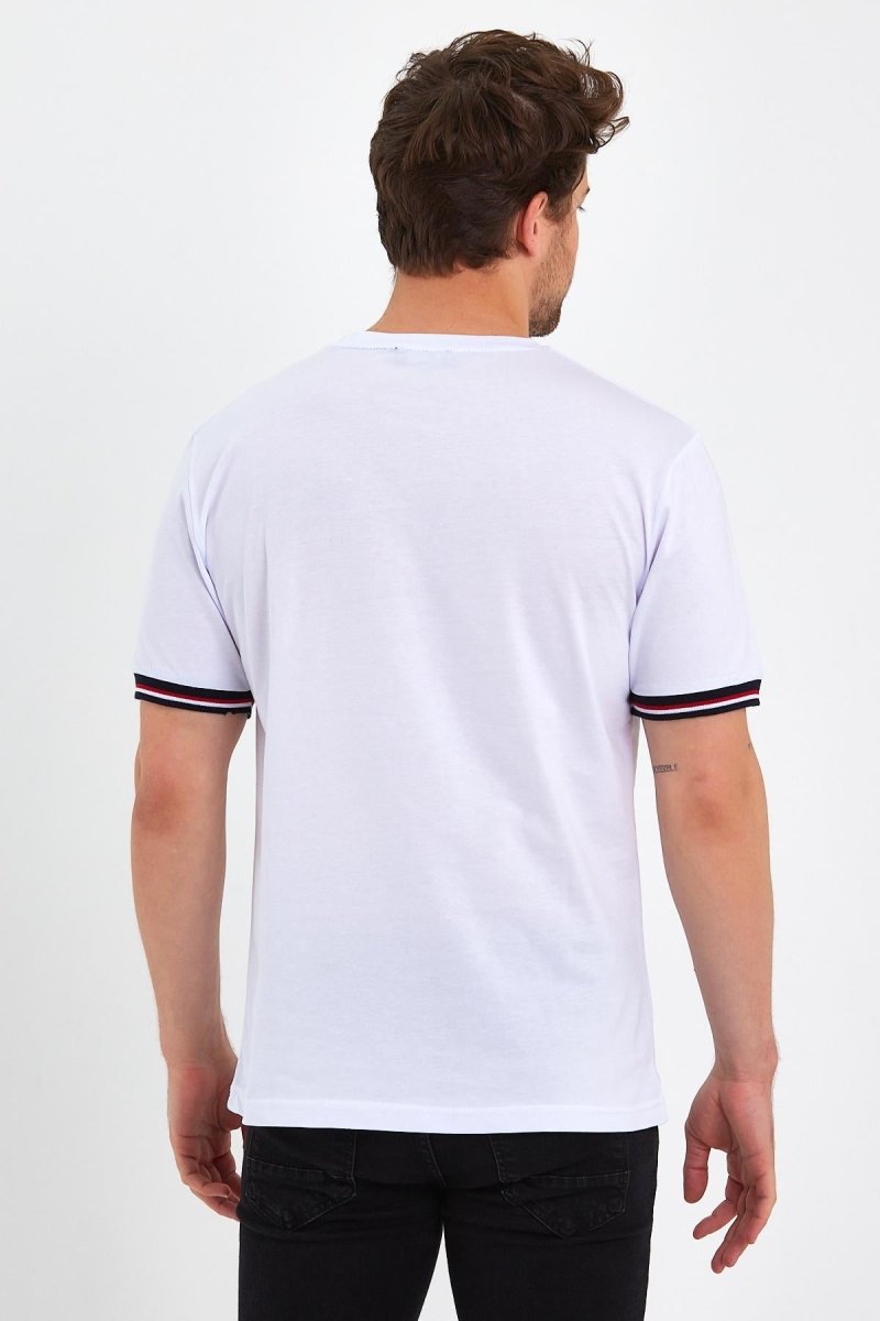 Erkek Siyah Basic Kolları Şeritli %100 Pamuk Bisiklet Yaka Regular Fit T-shirt - MMETALIC