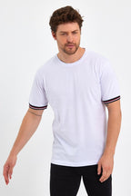 Erkek Siyah Basic Kolları Şeritli %100 Pamuk Bisiklet Yaka Regular Fit T-shirt - MMETALIC