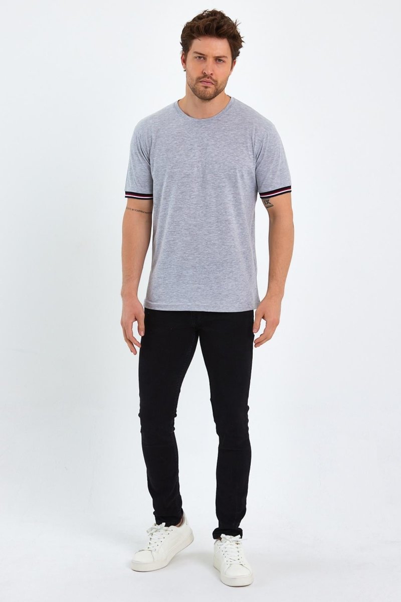 Erkek Siyah Basic Kolları Şeritli %100 Pamuk Bisiklet Yaka Regular Fit T-shirt - MMETALIC