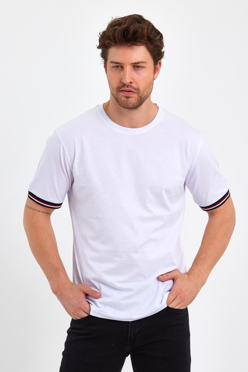 Erkek Siyah Basic Kolları Şeritli %100 Pamuk Bisiklet Yaka Regular Fit T-shirt - MMETALIC