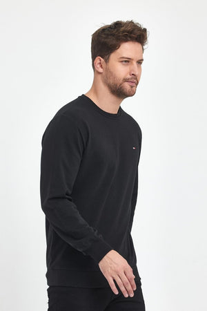 Erkek Siyah Bisiklet Yaka Nakış Detaylı Regular Fit Sweatshirt - MMETALIC