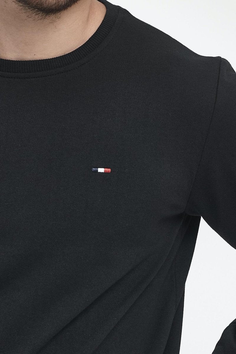 Erkek Siyah Bisiklet Yaka Nakış Detaylı Regular Fit Sweatshirt - MMETALIC