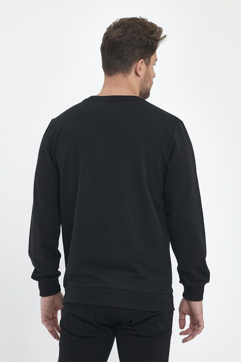 Erkek Siyah Bisiklet Yaka Nakış Detaylı Regular Fit Sweatshirt - MMETALIC