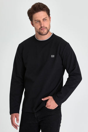 Erkek Siyah Çift Bisiklet Yaka Baskı Detaylı Standart Rahat Kesim Sweatshirt - MMETALIC