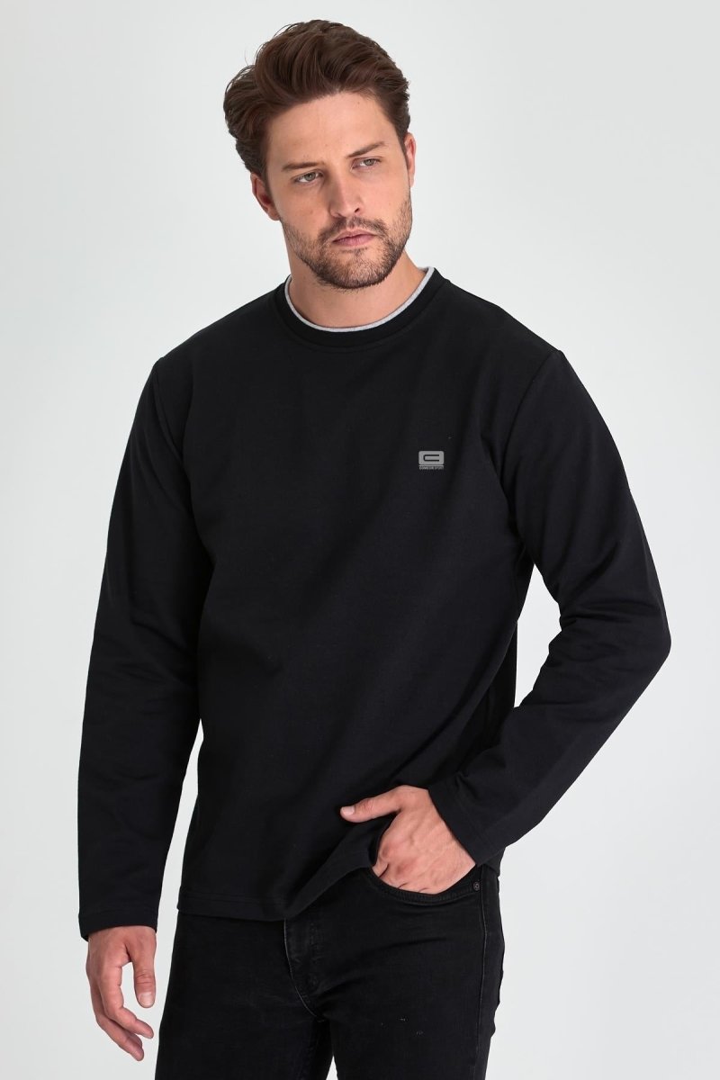 Erkek Siyah Çift Bisiklet Yaka Baskı Detaylı Standart Rahat Kesim Sweatshirt - MMETALIC