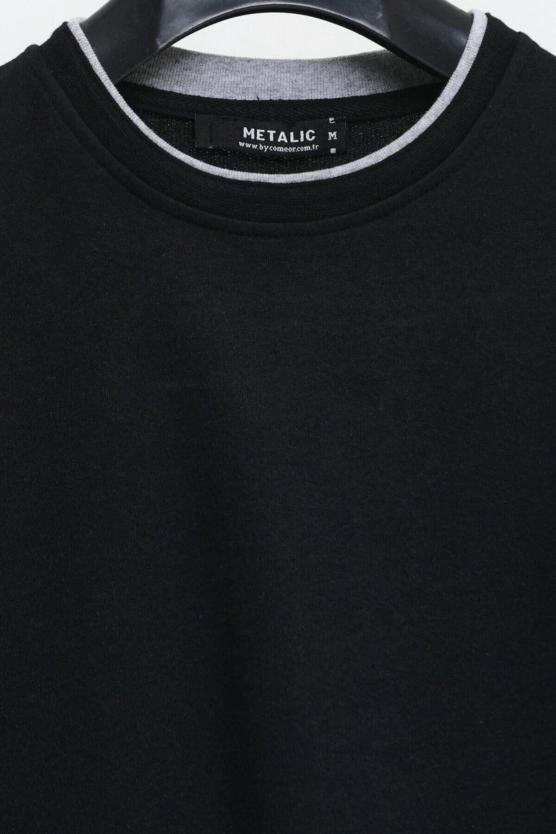 Erkek Siyah Çift Bisiklet Yaka Baskı Detaylı Standart Rahat Kesim Sweatshirt - MMETALIC