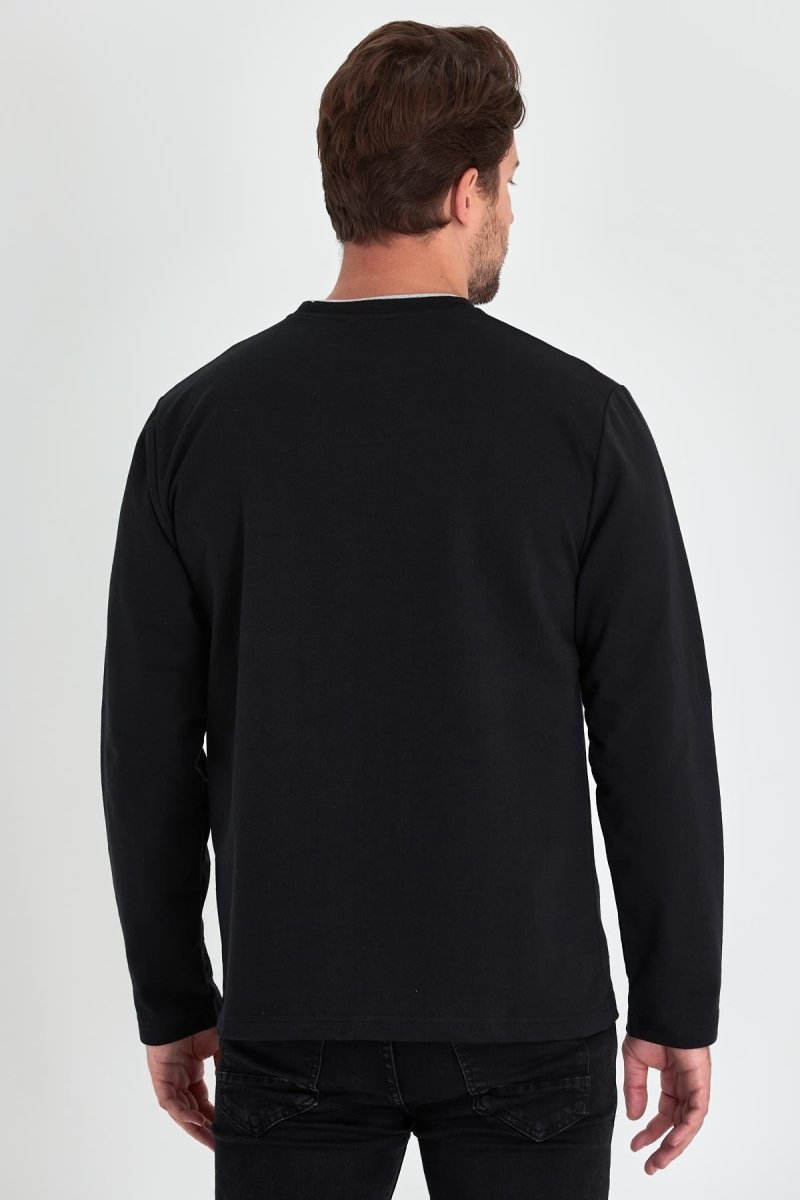 Erkek Siyah Çift Bisiklet Yaka Baskı Detaylı Standart Rahat Kesim Sweatshirt - MMETALIC