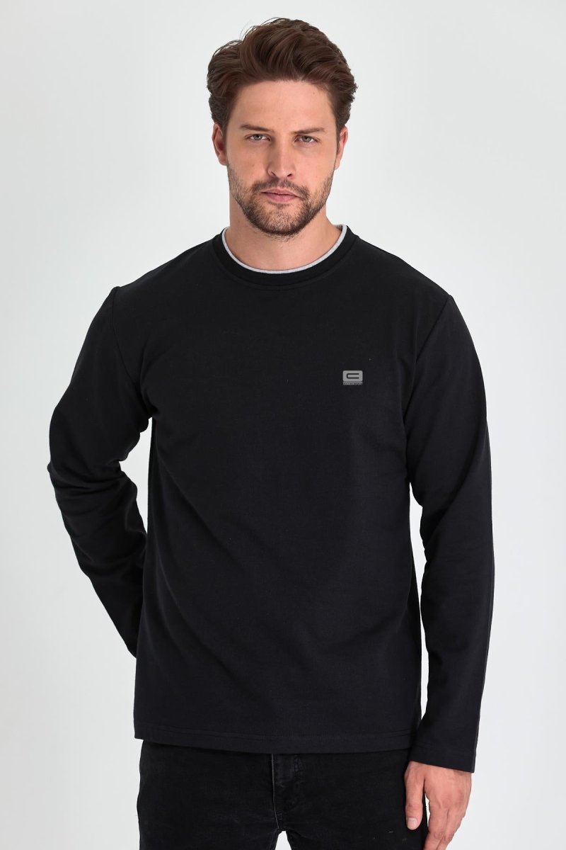 Erkek Siyah Çift Bisiklet Yaka Baskı Detaylı Standart Rahat Kesim Sweatshirt - MMETALIC