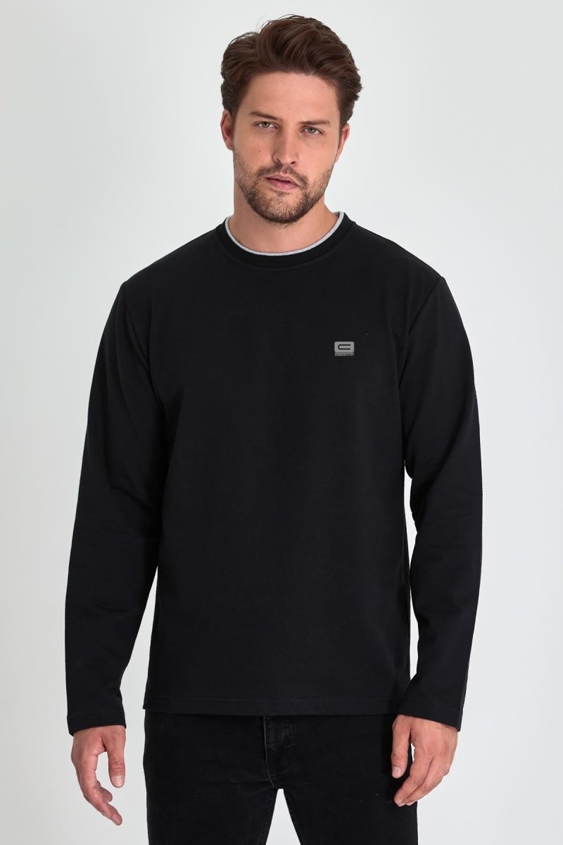 Erkek Siyah Çift Bisiklet Yaka Baskı Detaylı Standart Rahat Kesim Sweatshirt - MMETALIC