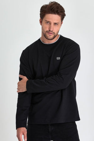 Erkek Siyah Çift Bisiklet Yaka Baskı Detaylı Standart Rahat Kesim Sweatshirt - MMETALIC