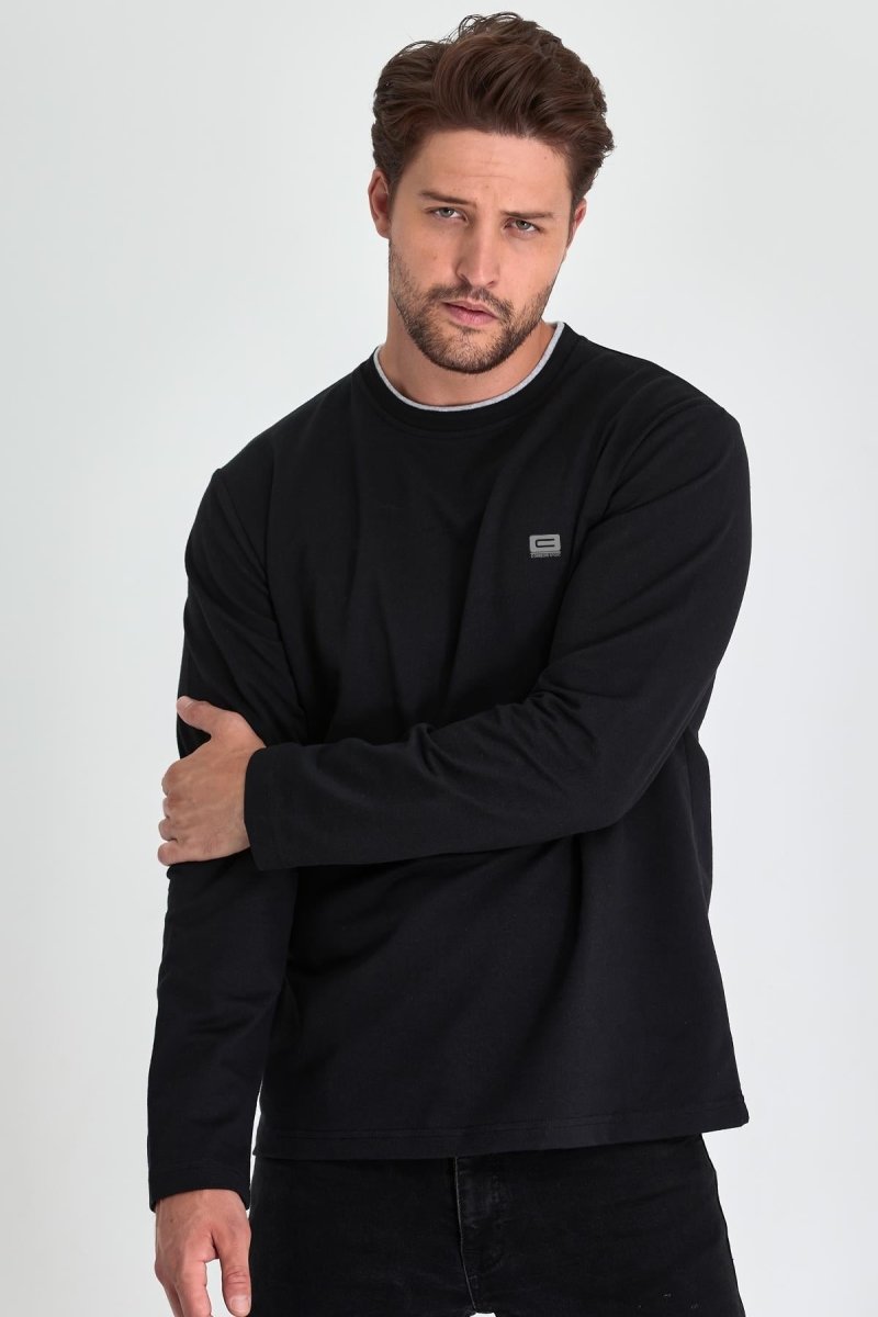 Erkek Siyah Çift Bisiklet Yaka Baskı Detaylı Standart Rahat Kesim Sweatshirt - MMETALIC