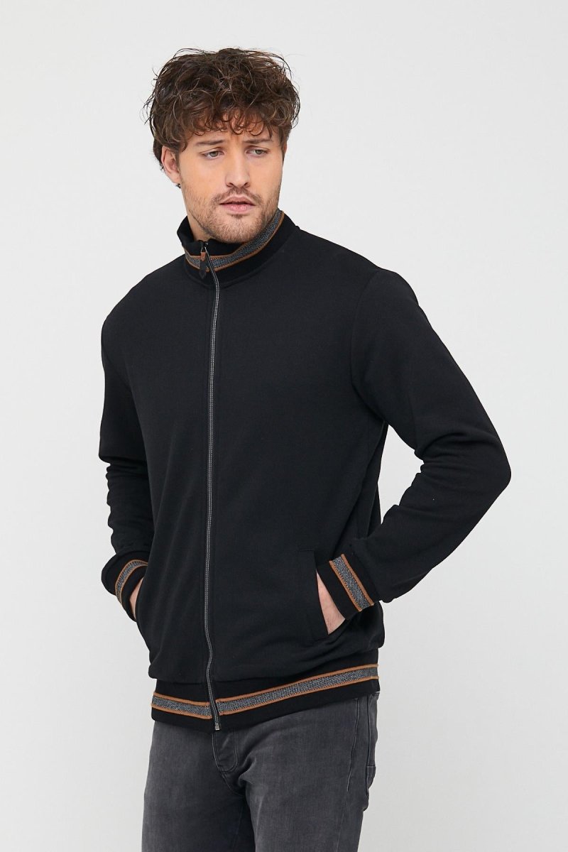 Erkek Siyah Regular Fit Dik Yaka Fermuarlı Uzun Kollu Hırka - MMETALIC