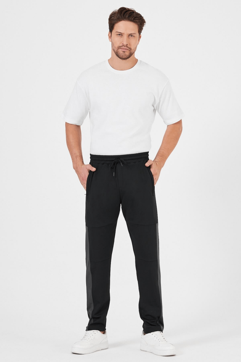 Erkek Siyah Standart Fit Normal Kesim Düz Paça Cep Fermuarlı Rahat Jogger Eşofman Altı - MMETALIC