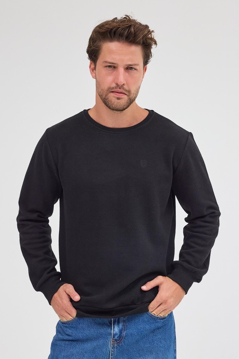 Erkek Siyah Standart Fit Normal Kesim Pamuklu Basic Bisiklet Yaka Sweatshirt MTLCE113 - Siyah - MMETALIC