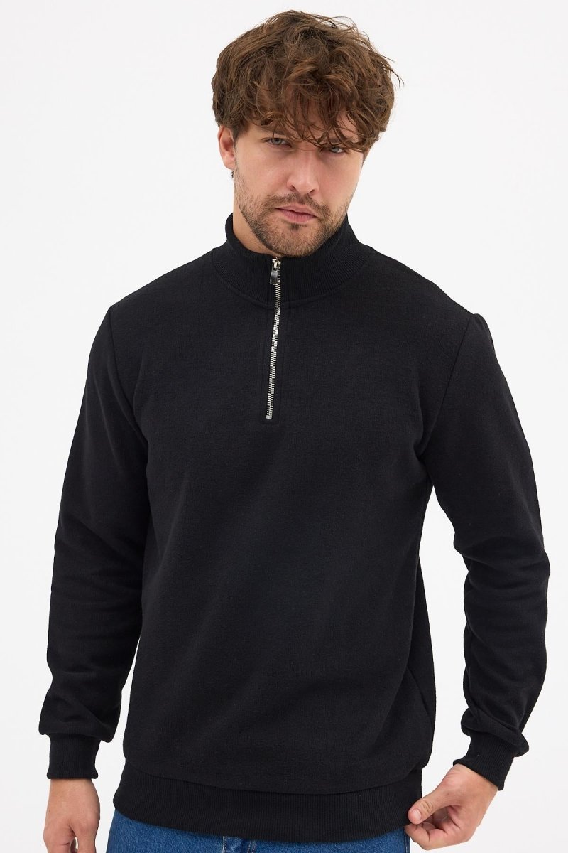 Erkek Siyah Standart Fit Normal Kesim Pamuklu Yarım Fermuarlı Dik Yaka Pamuklu Sweatshirt - MMETALIC