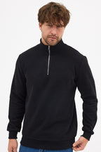 Erkek Siyah Standart Fit Normal Kesim Pamuklu Yarım Fermuarlı Dik Yaka Pamuklu Sweatshirt - MMETALIC
