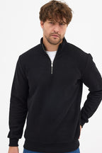 Erkek Siyah Standart Fit Normal Kesim Pamuklu Yarım Fermuarlı Dik Yaka Pamuklu Sweatshirt - MMETALIC