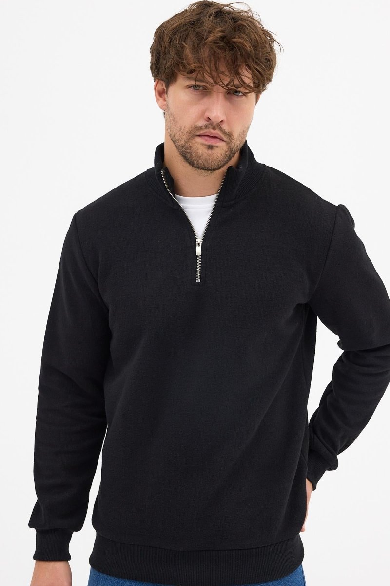 Erkek Siyah Standart Fit Normal Kesim Pamuklu Yarım Fermuarlı Dik Yaka Pamuklu Sweatshirt - MMETALIC