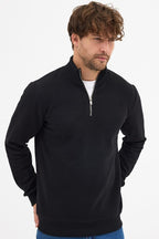 Erkek Siyah Standart Fit Normal Kesim Pamuklu Yarım Fermuarlı Dik Yaka Pamuklu Sweatshirt - MMETALIC