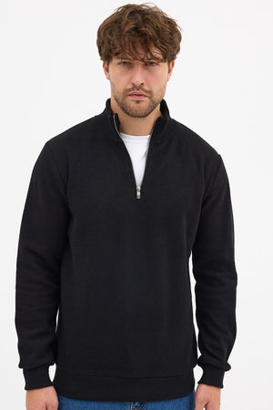 Erkek Siyah Standart Fit Normal Kesim Pamuklu Yarım Fermuarlı Dik Yaka Pamuklu Sweatshirt - MMETALIC