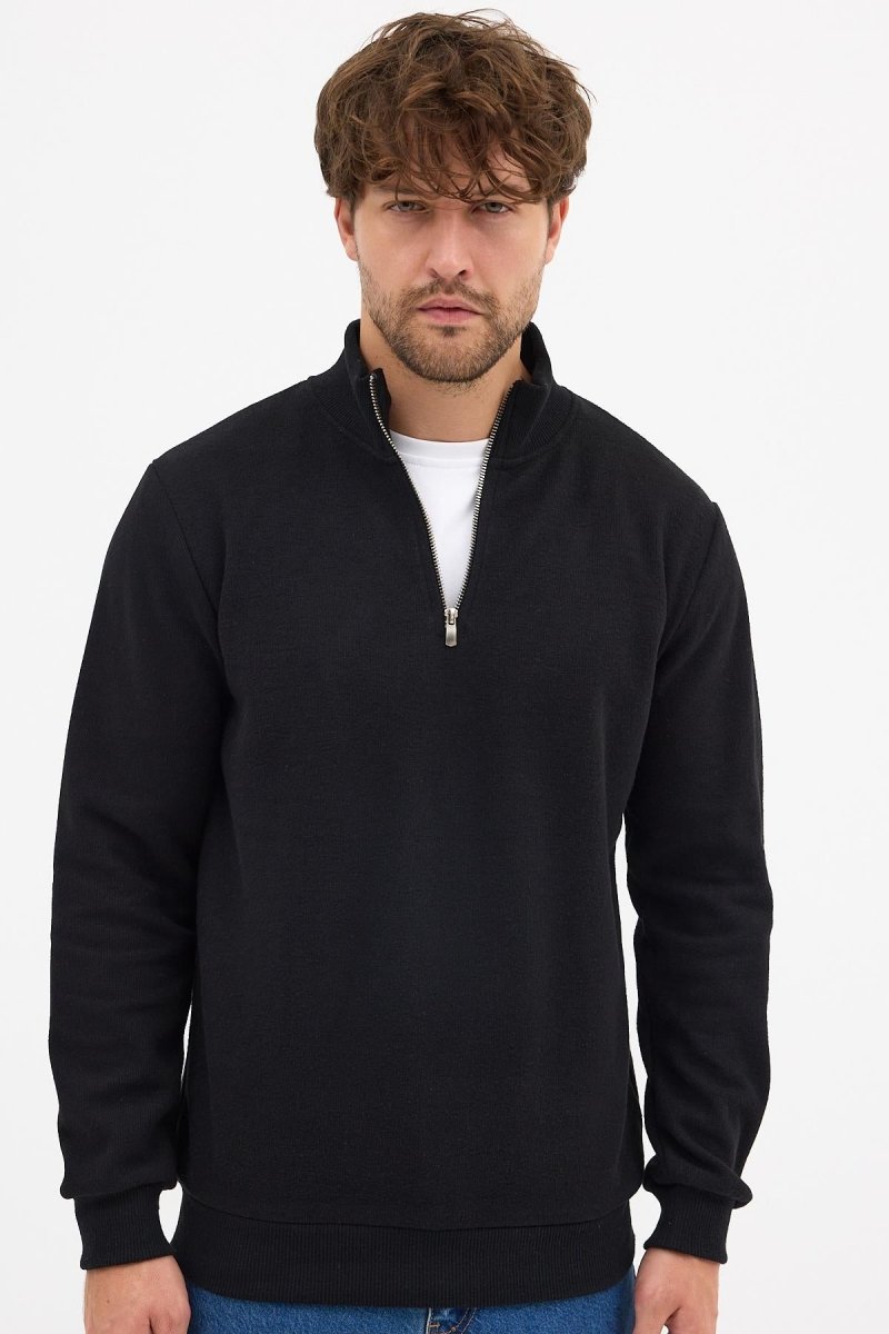 Erkek Siyah Standart Fit Normal Kesim Pamuklu Yarım Fermuarlı Dik Yaka Pamuklu Sweatshirt - MMETALIC