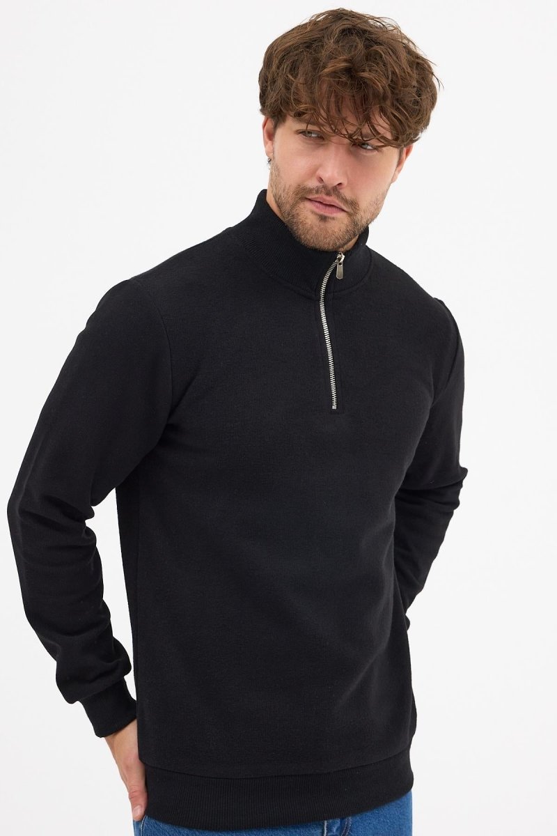 Erkek Siyah Standart Fit Normal Kesim Pamuklu Yarım Fermuarlı Dik Yaka Pamuklu Sweatshirt - MMETALIC