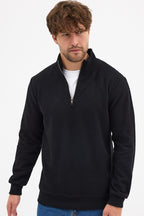 Erkek Siyah Standart Fit Normal Kesim Pamuklu Yarım Fermuarlı Dik Yaka Pamuklu Sweatshirt - MMETALIC