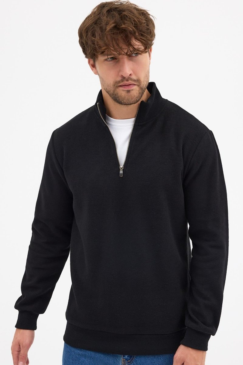 Erkek Siyah Standart Fit Normal Kesim Pamuklu Yarım Fermuarlı Dik Yaka Pamuklu Sweatshirt - MMETALIC