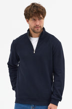 Erkek Lacivert Standart Fit Normal Kesim Pamuklu Yarım Fermuarlı Dik Yaka Pamuklu Sweatshirt
