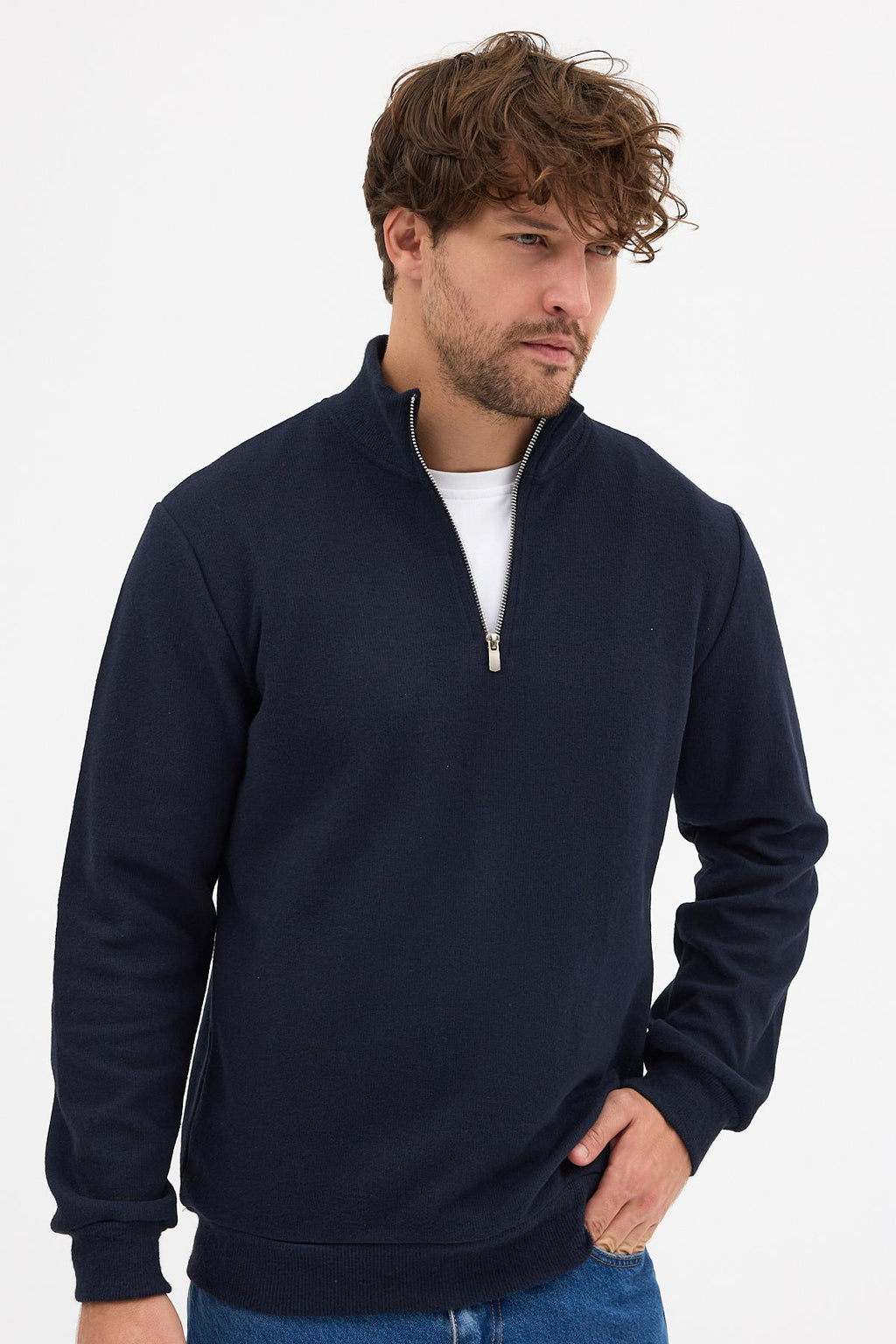 Erkek Lacivert Standart Fit Normal Kesim Pamuklu Yarım Fermuarlı Dik Yaka Pamuklu Sweatshirt