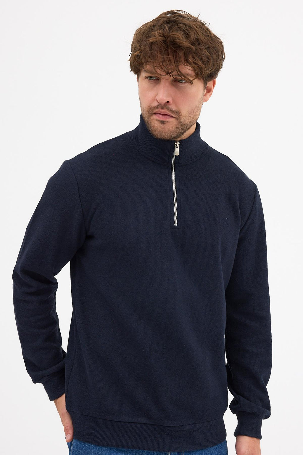 Erkek Lacivert Standart Fit Normal Kesim Pamuklu Yarım Fermuarlı Dik Yaka Pamuklu Sweatshirt