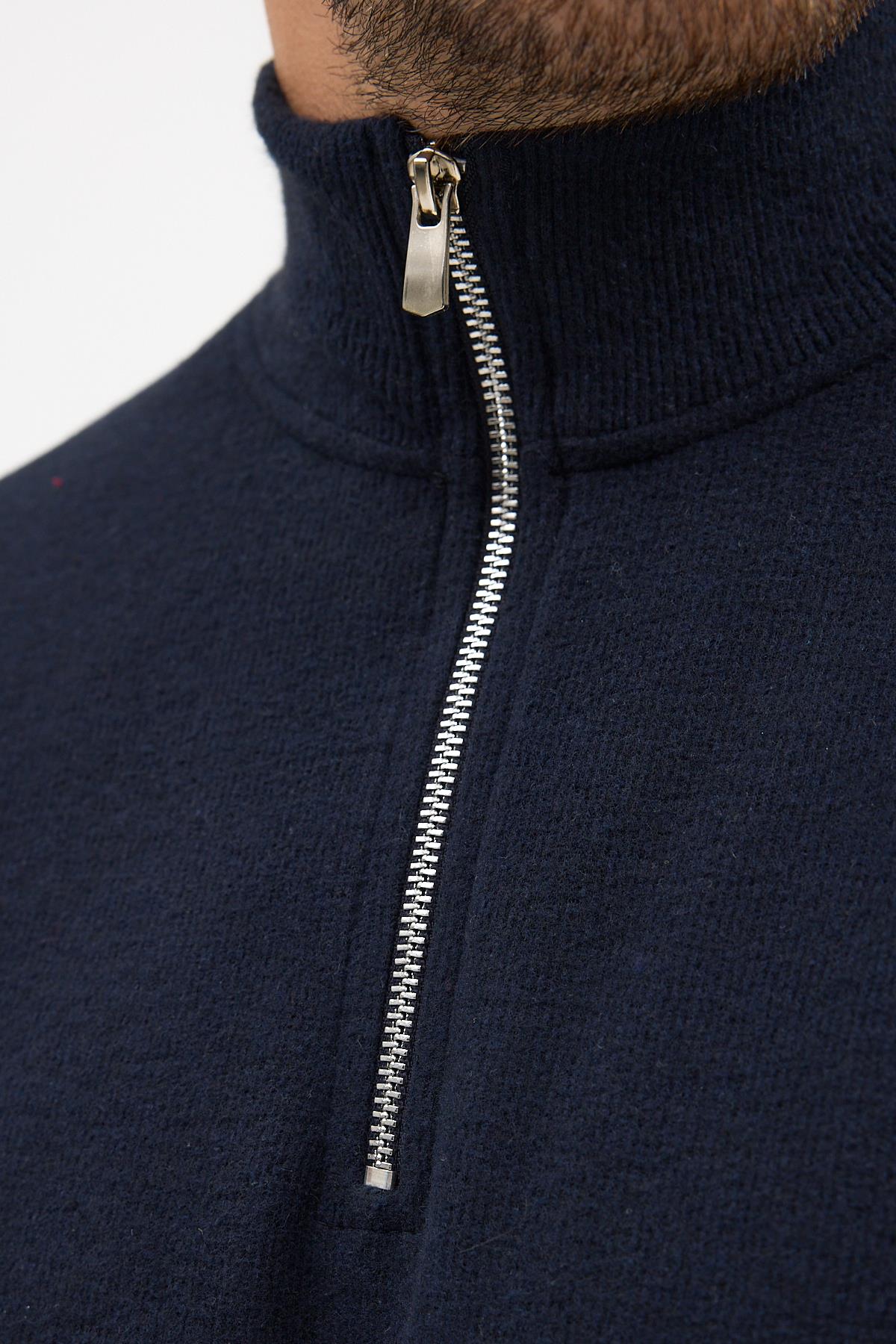 Erkek Lacivert Standart Fit Normal Kesim Pamuklu Yarım Fermuarlı Dik Yaka Pamuklu Sweatshirt