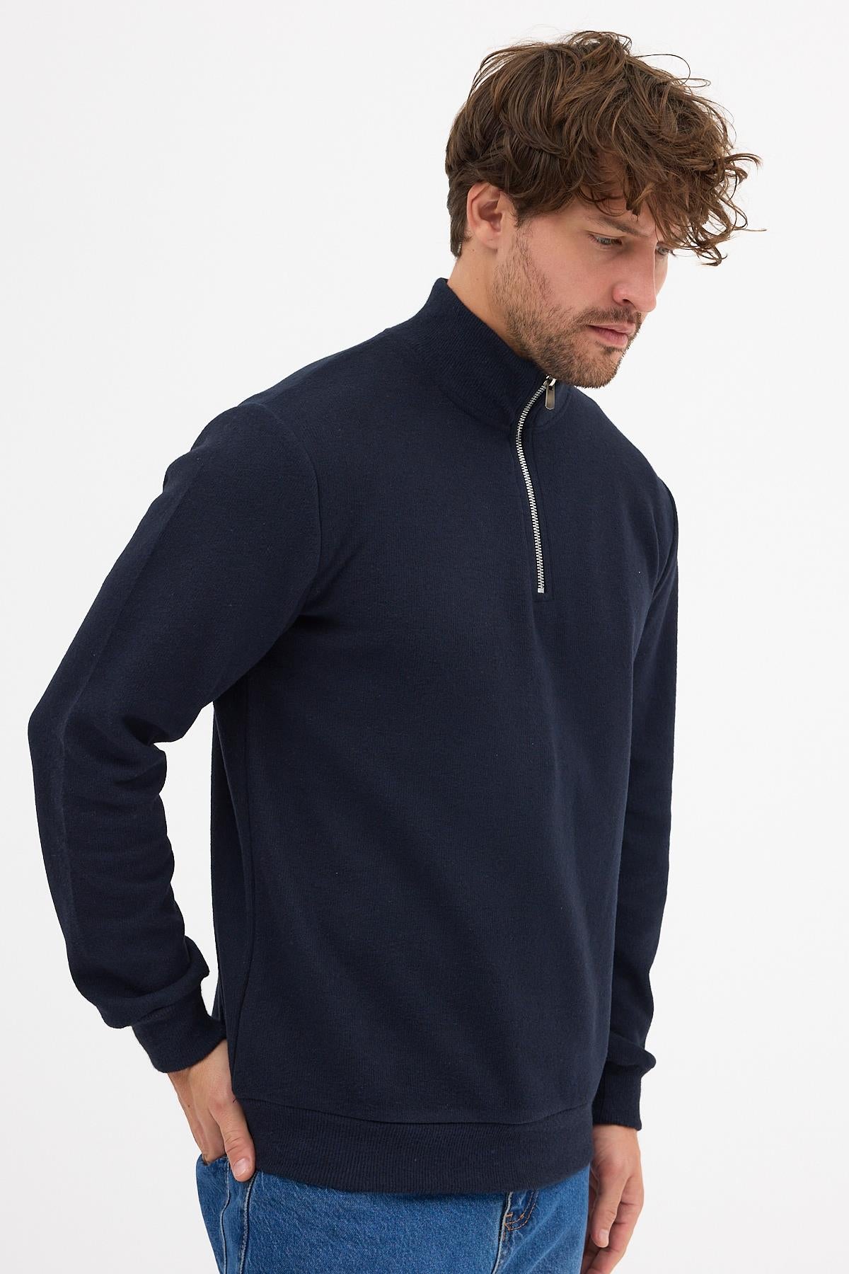 Erkek Lacivert Standart Fit Normal Kesim Pamuklu Yarım Fermuarlı Dik Yaka Pamuklu Sweatshirt